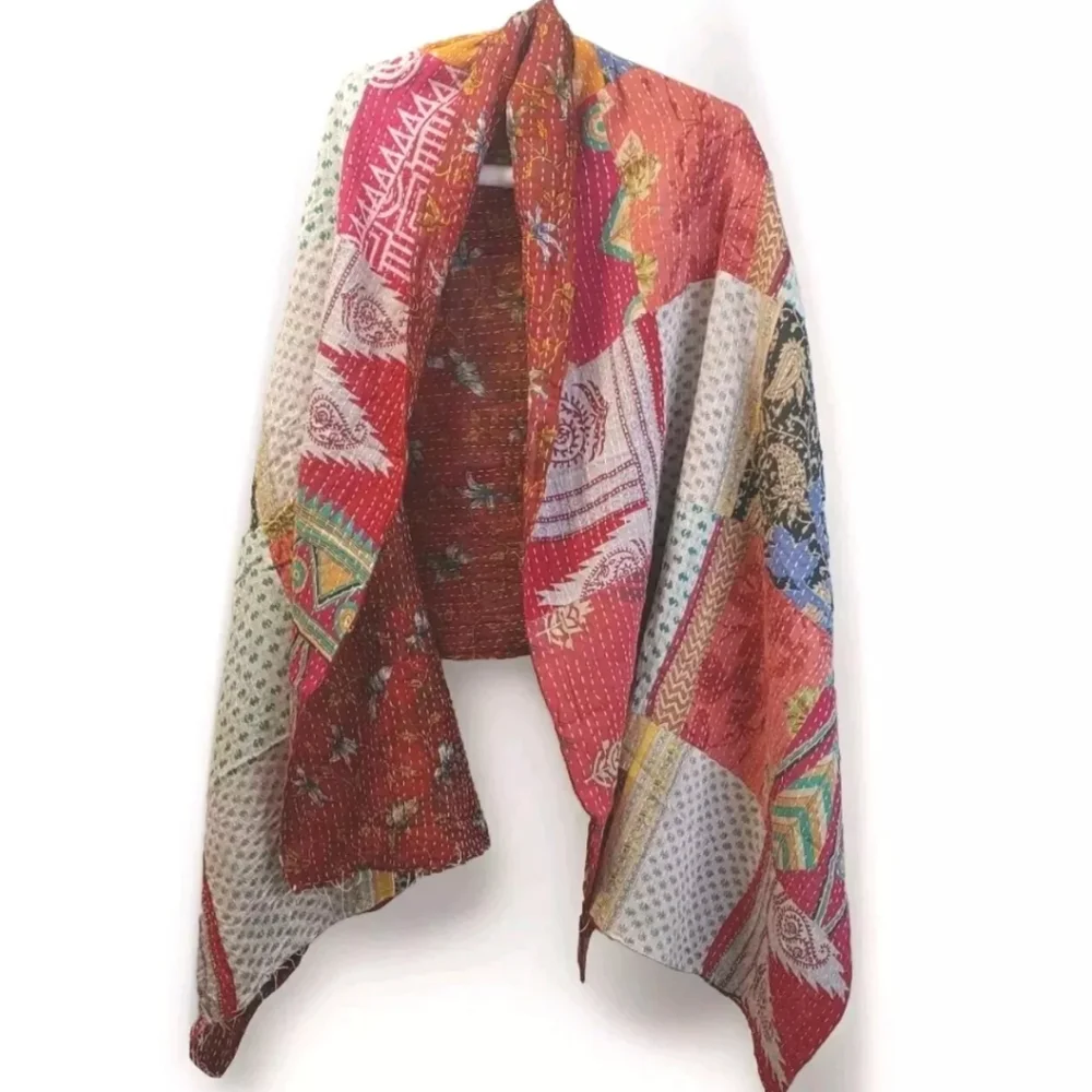 Kantha Fringed Patchwork Reversible Shawl Wrap Scarf Boho Festival Fairy 36